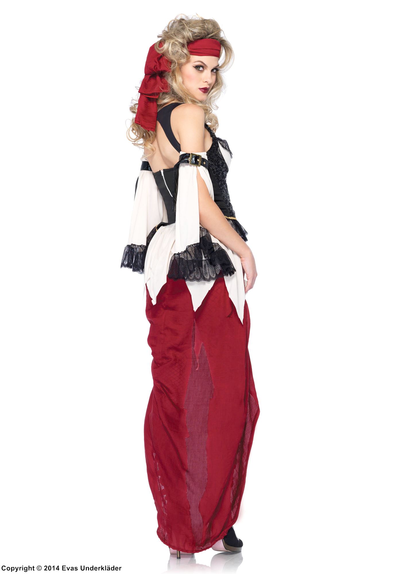 Kvinnlig pirat, maskeradklänning med Venedig-spets, revor och spänne